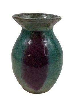 Handmade Green & Purple Glazed Ceramic Vase Signed MK 97